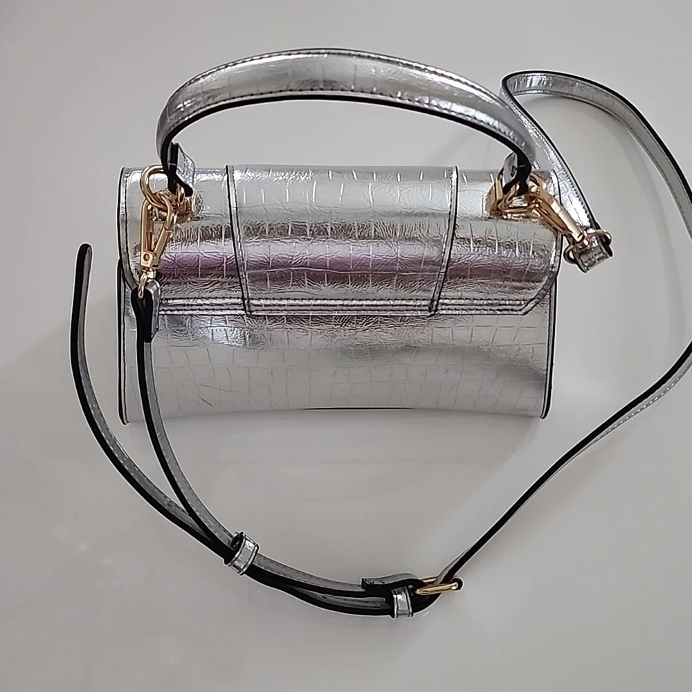Aldo Rotoua Silver Gold Two Tone Metallic Top Handle Crossbody Mini Handbag - Picture 10 of 14